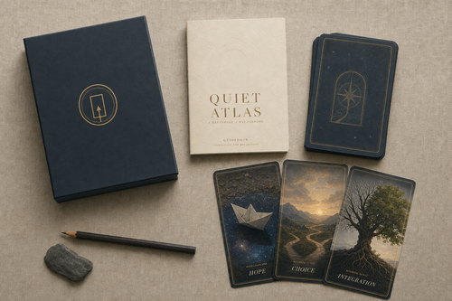 Quiet Atlas complete reflection kit with box, guidebook, deck and three illustrated cards