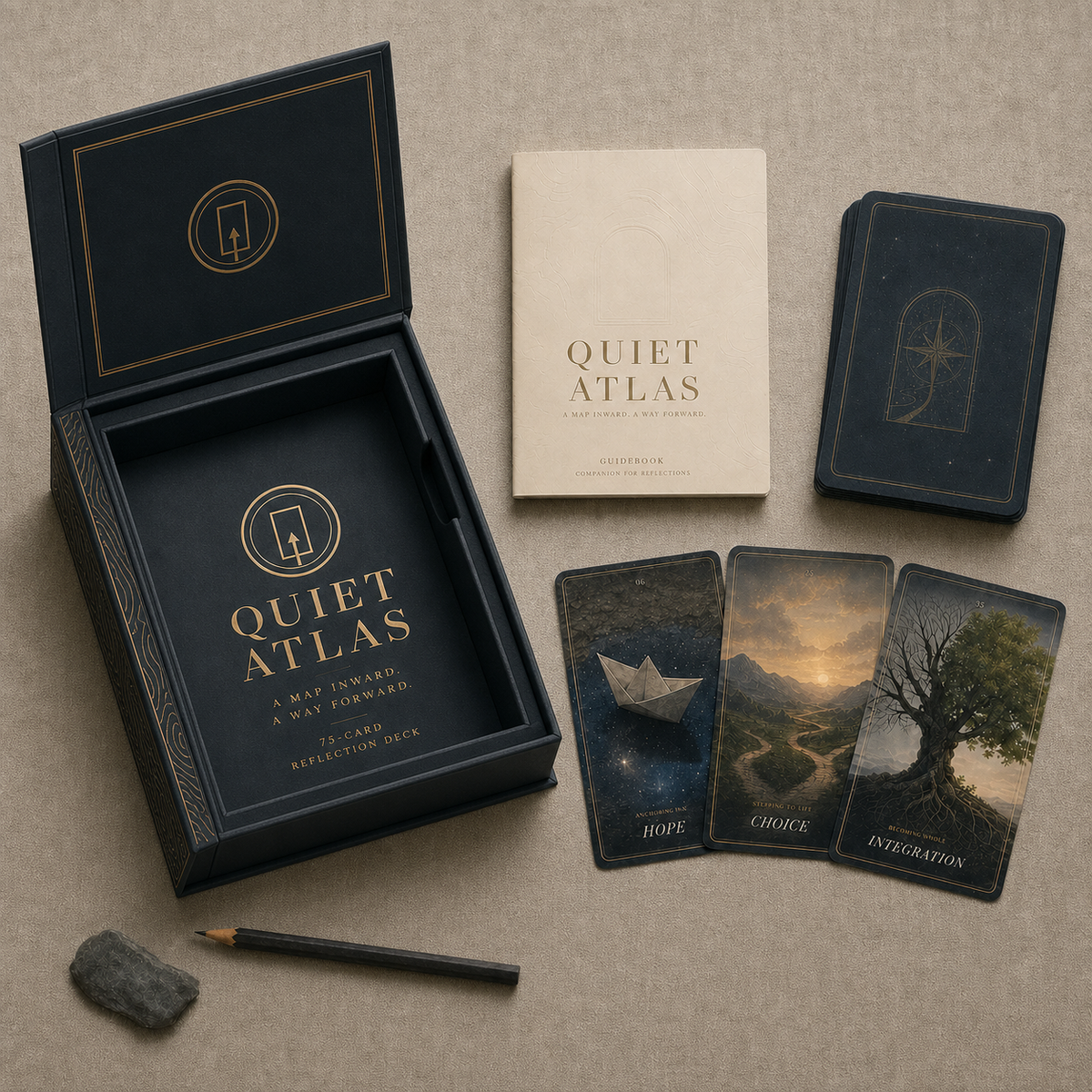 Quiet Atlas complete kit with open book-style magnetic rigid box, recessed tray, guidebook, deck and illustrated cards
