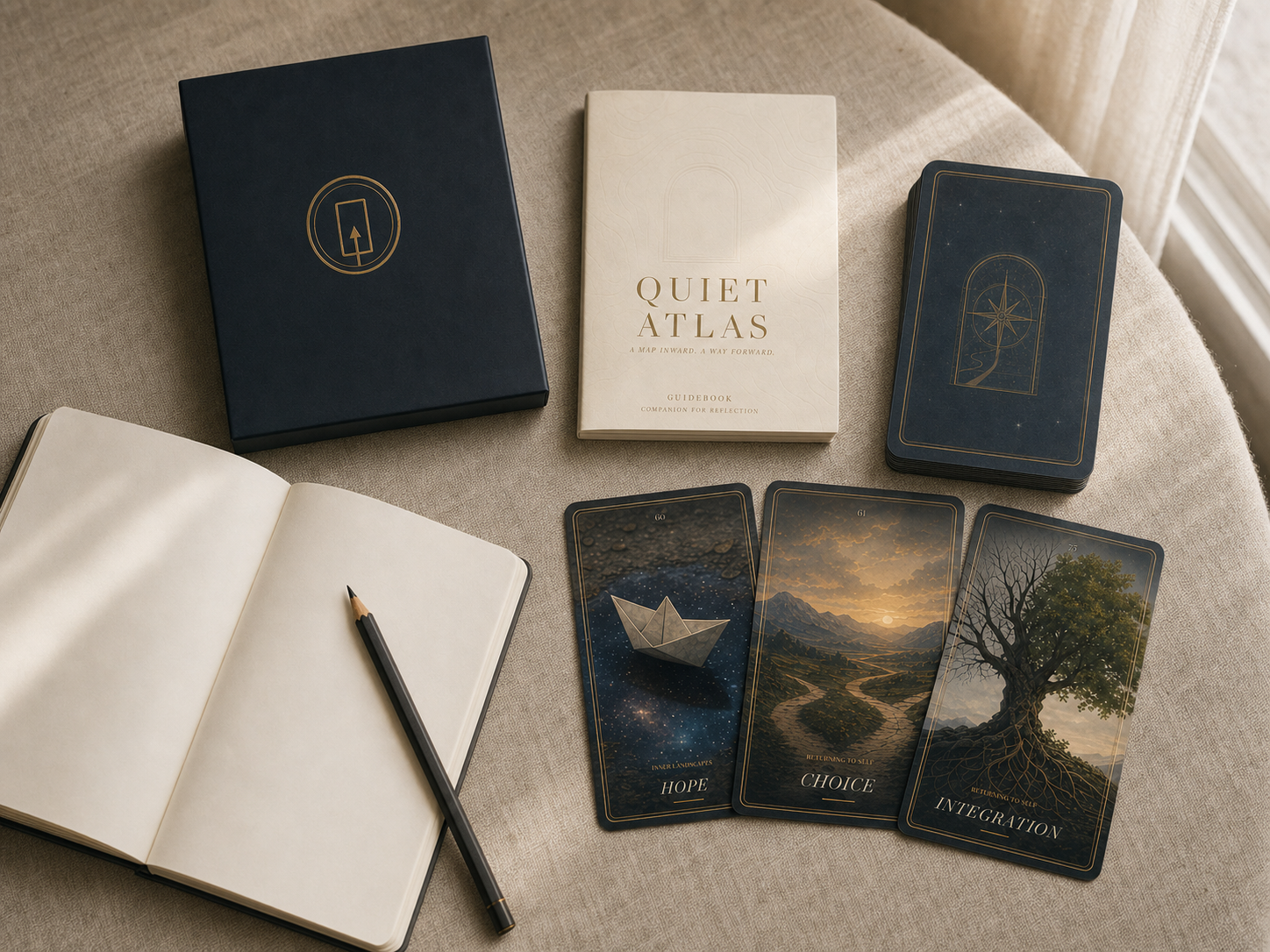 Quiet Atlas deck, guidebook and cards arranged beside a blank journal and pencil