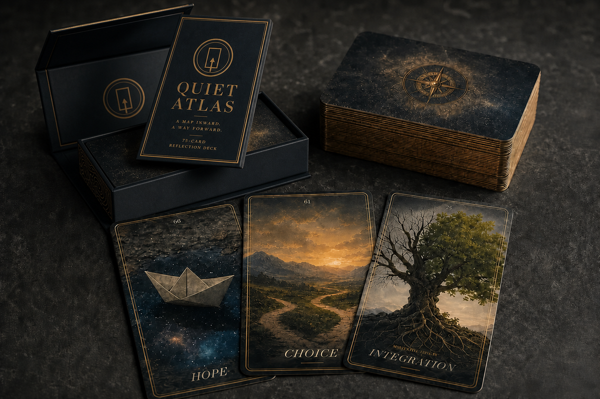 Close-up of Quiet Atlas premium magnetic book-style box with hinged lid, recessed tray, card stack and illustrated cards