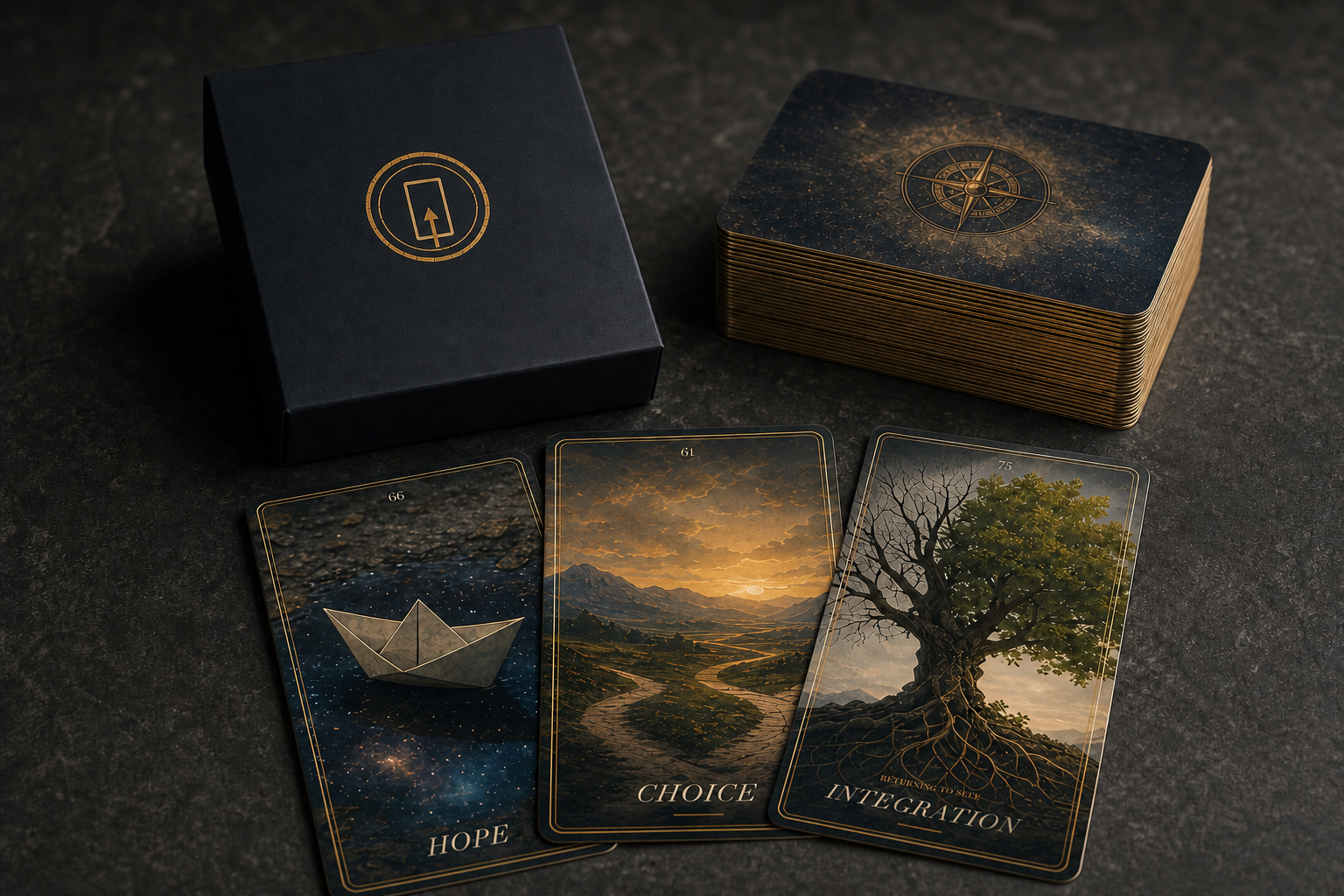 Premium close-up of the Quiet Atlas box, deck and Hope, Choice and Integration cards