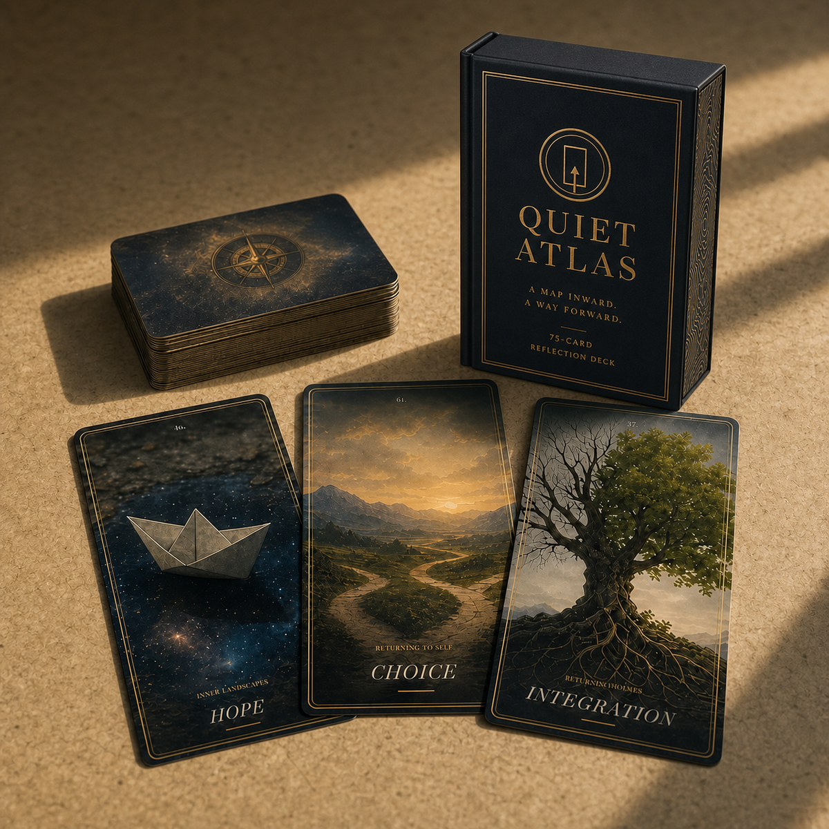 Quiet Atlas reflection deck with premium book-style magnetic black-and-gold rigid box, card stack and three illustrated cards