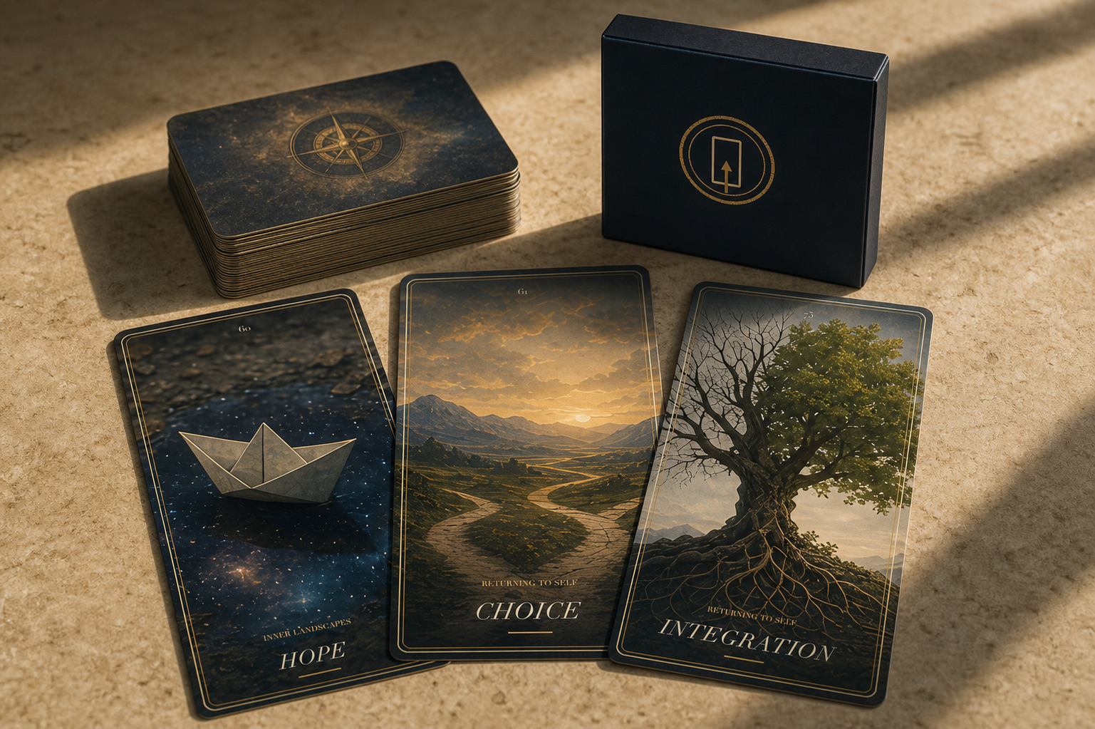 Quiet Atlas reflection deck with box, card stack, Hope, Choice and Integration cards