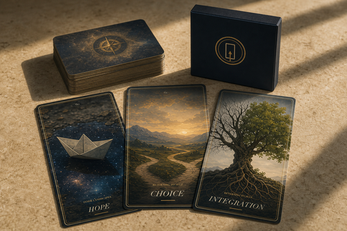 Quiet Atlas reflection deck with box, card stack, Hope, Choice and Integration cards